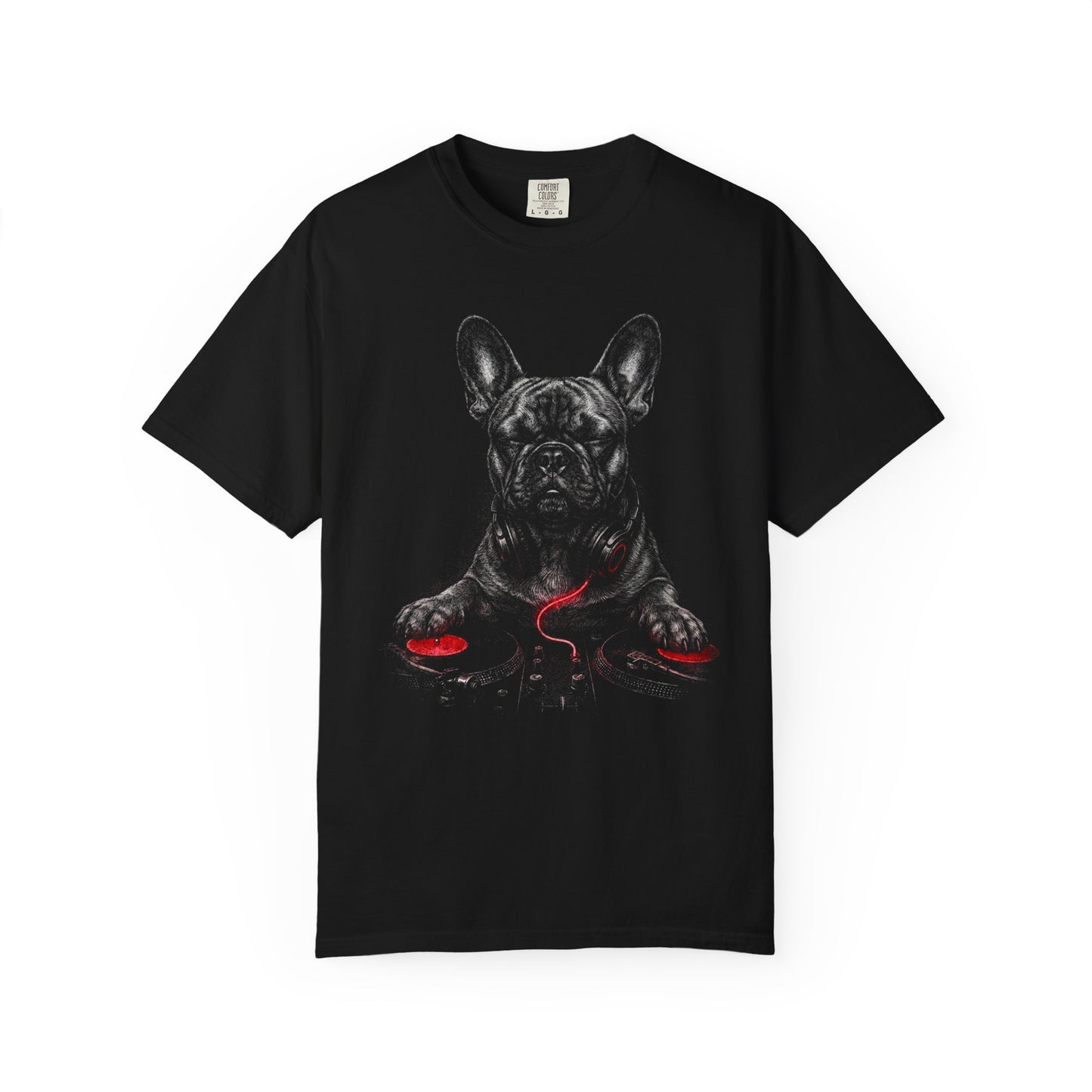 Spin, Sit, Stay Red Mix French Bulldog T-Shirt in Black from When Dogs Fly