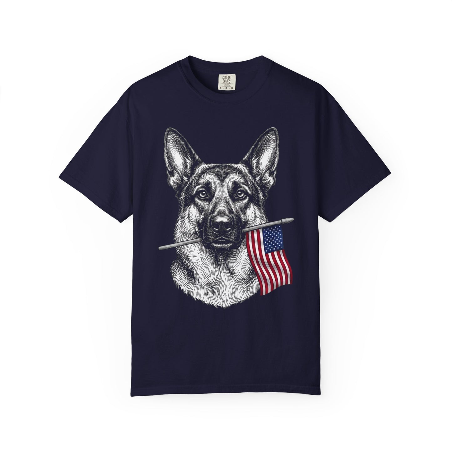 Red, White & German Shepherd American Flag T-Shirt in True Navy from When Dogs Fly
