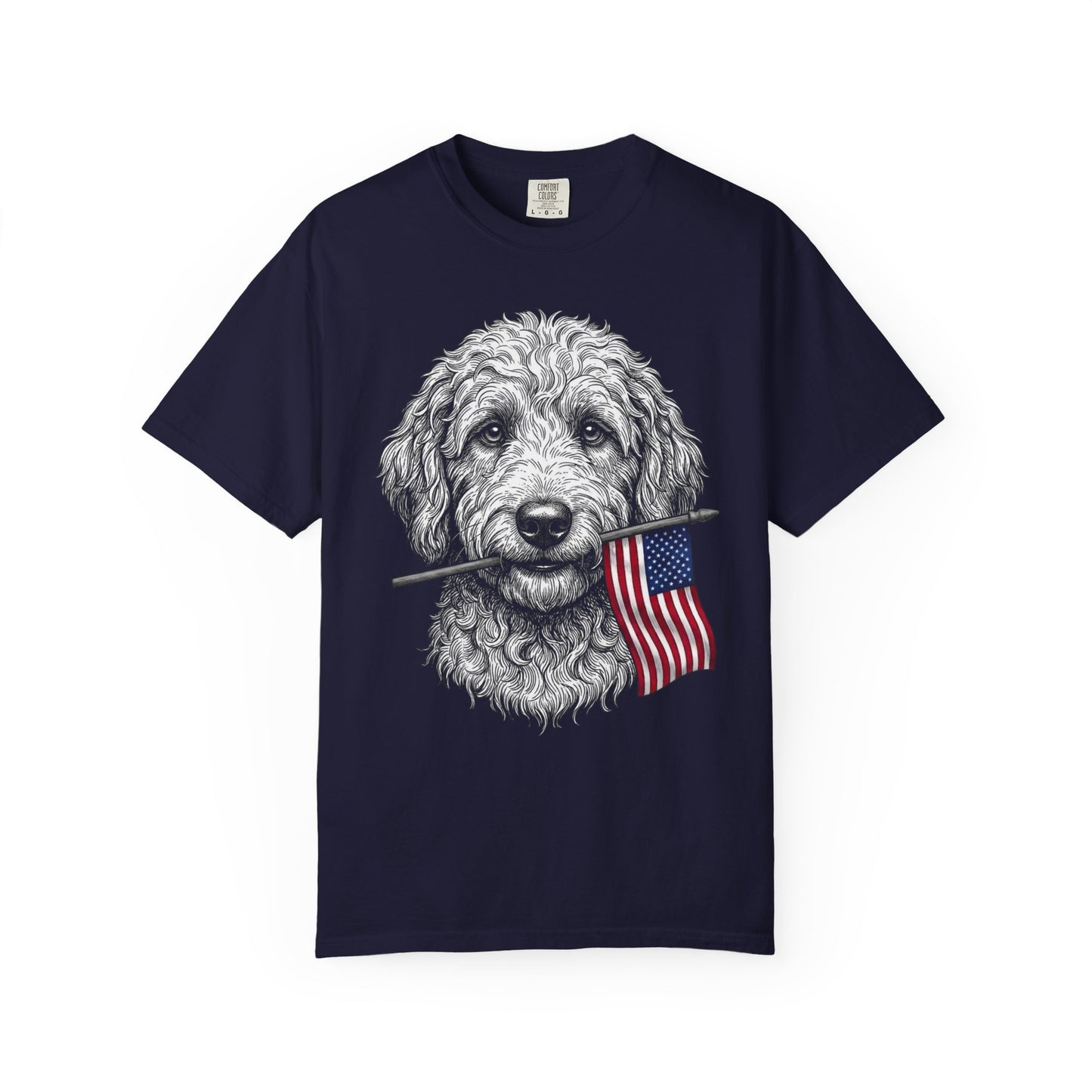 Red, White & Labradoodle American Flag T-Shirt in True Navy from When Dogs Fly