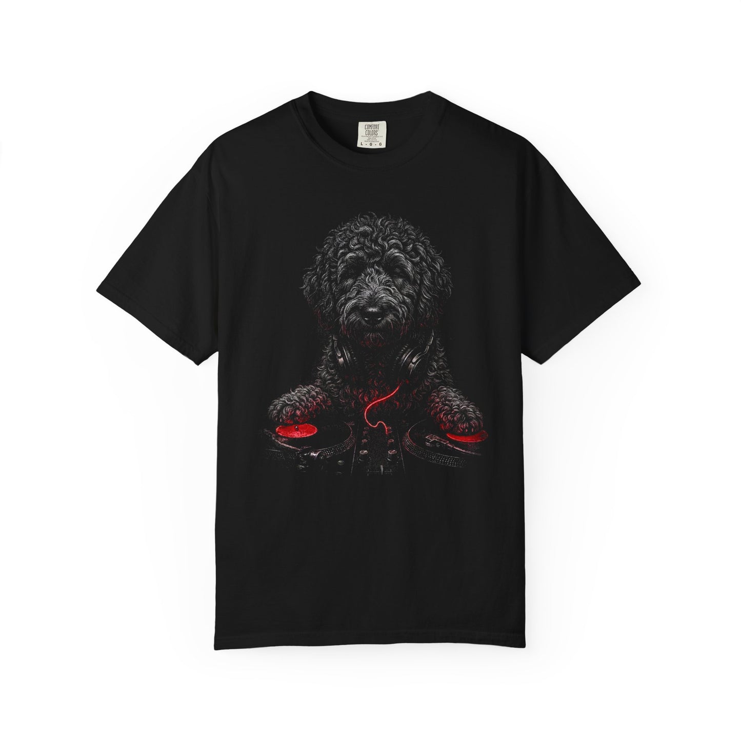 Spin, Sit, Stay Red Mix Labradoodle T-Shirt in Black from When Dogs Fly