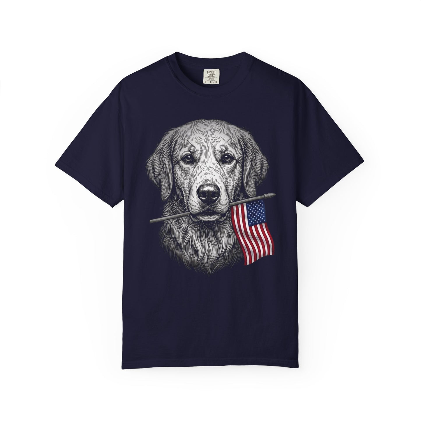 Red, White & Golden Retriever American Flag T-Shirt in True Navy from When Dogs Fly