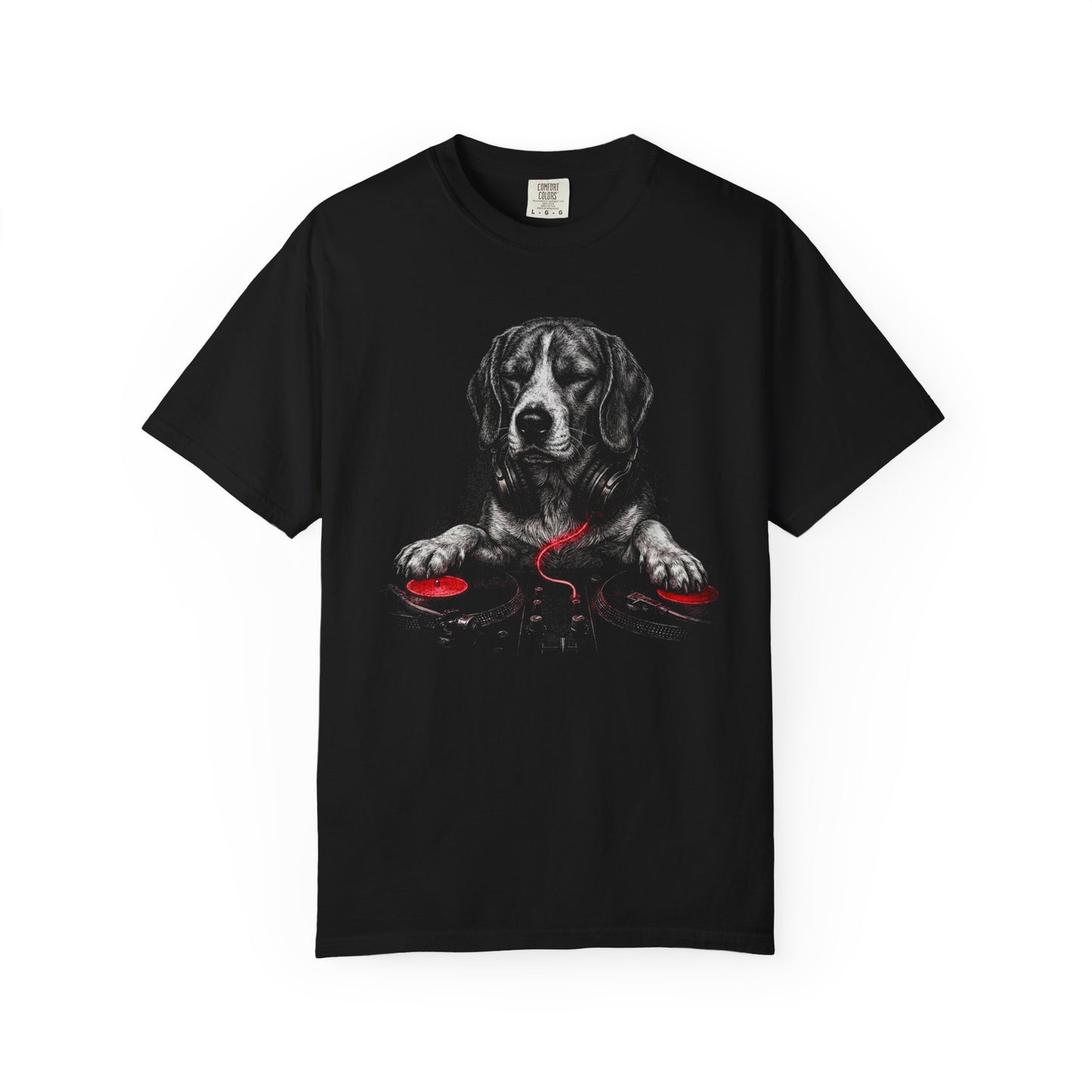 Spin, Sit, Stay Red Mix Beagle T-Shirt in Black from When Dogs Fly