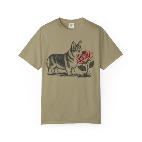 A Nose for Roses Corgi T-Shirt in Khaki from When Dogs Fly