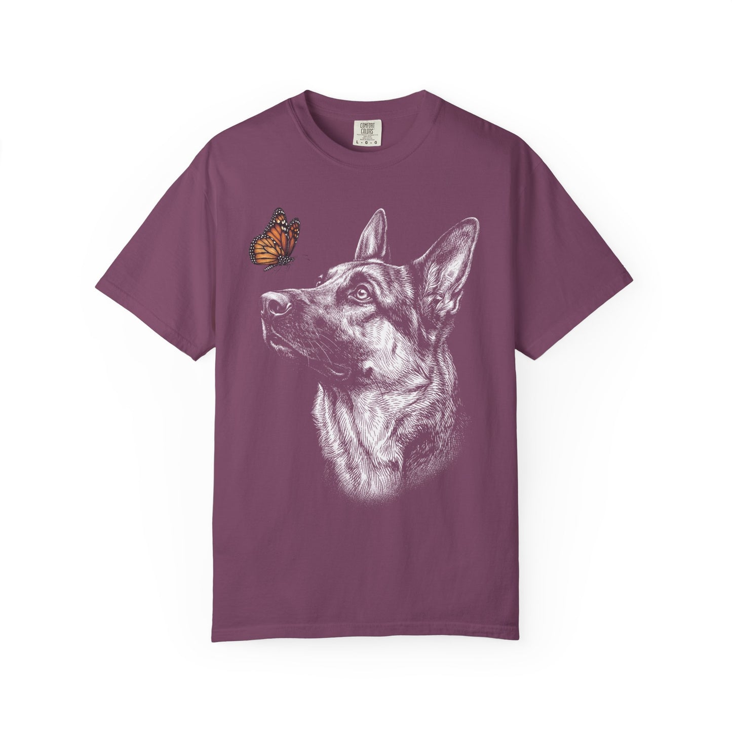 Hello Butterfly German Shepherd T-Shirt in Berry from When Dogs Fly