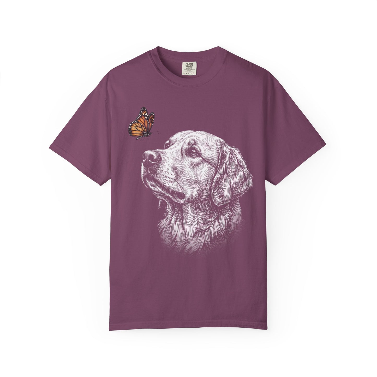 Hello Butterfly Golden Retriever T-Shirt in Berry from When Dogs Fly
