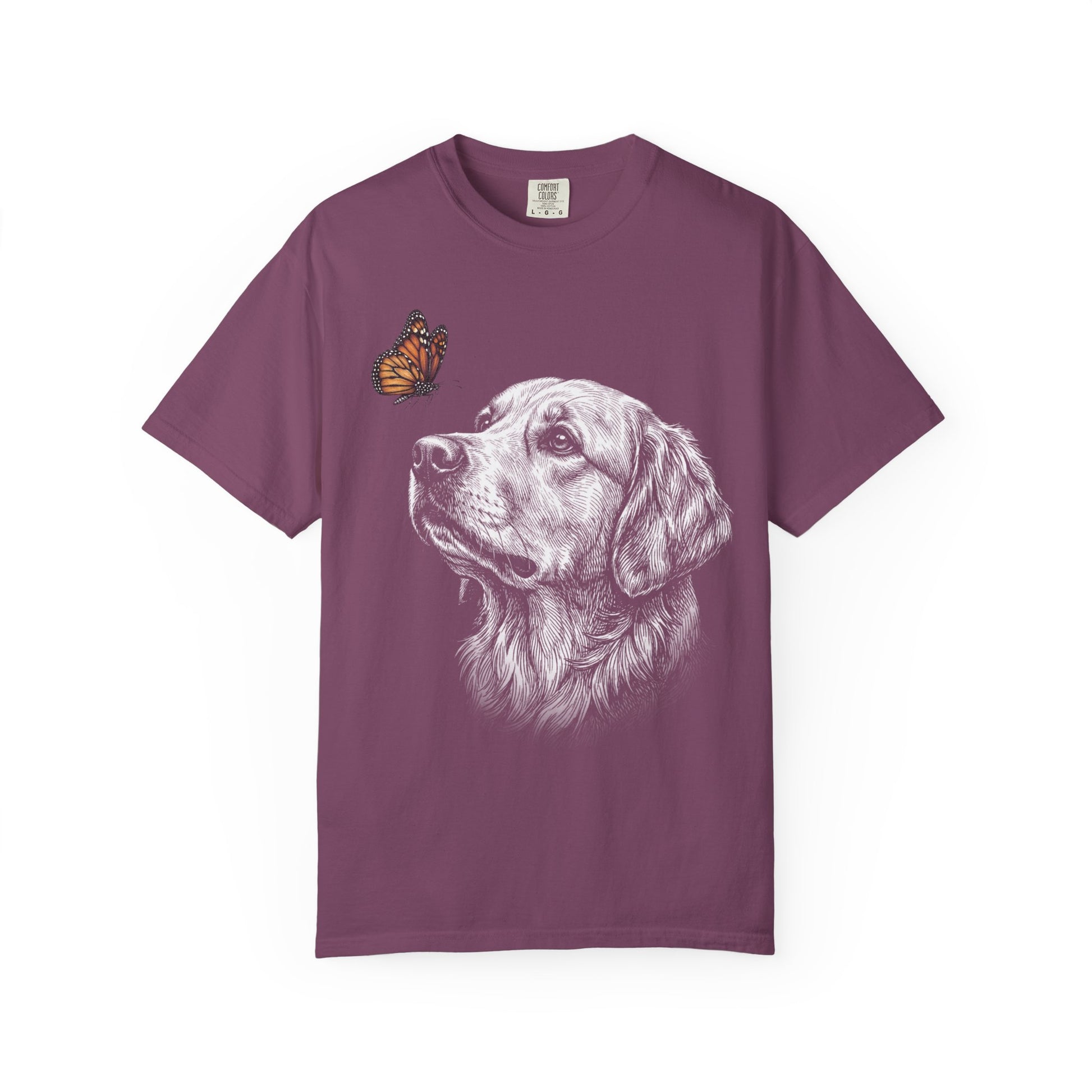 Hello Butterfly Golden Retriever T-Shirt in Berry from When Dogs Fly