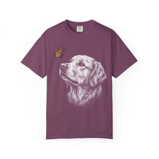 Hello Butterfly Golden Retriever T-Shirt in Berry from When Dogs Fly