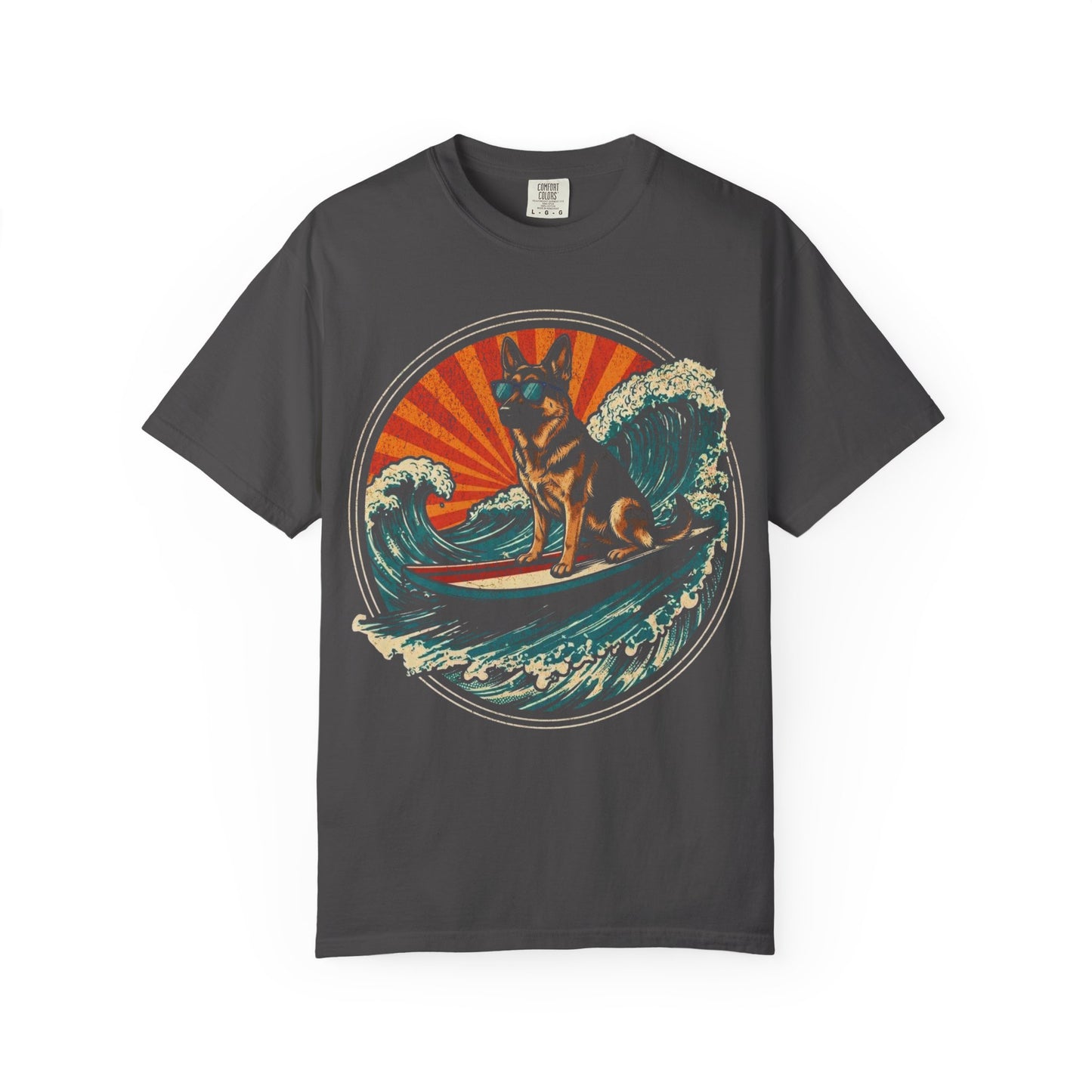 Surf's Up, German Shepherd T-Shirt in Graphite from When Dogs Fly
