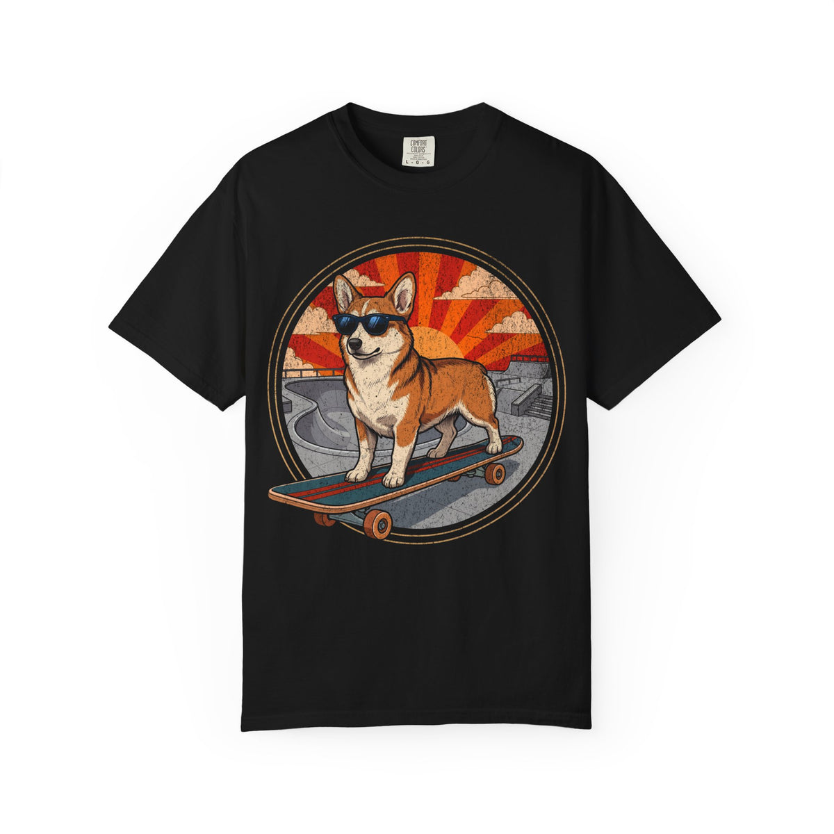 Stay Rad Skateboarding Corgi T-Shirt in Black from When Dogs Fly