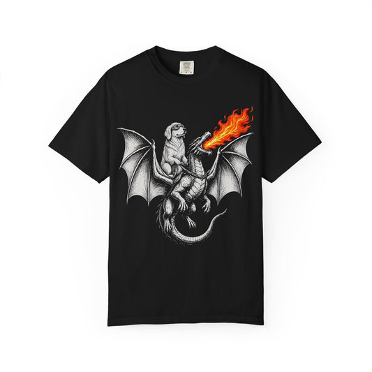 Dragon Riding Golden Retriever T-Shirt in Black from When Dogs Fly