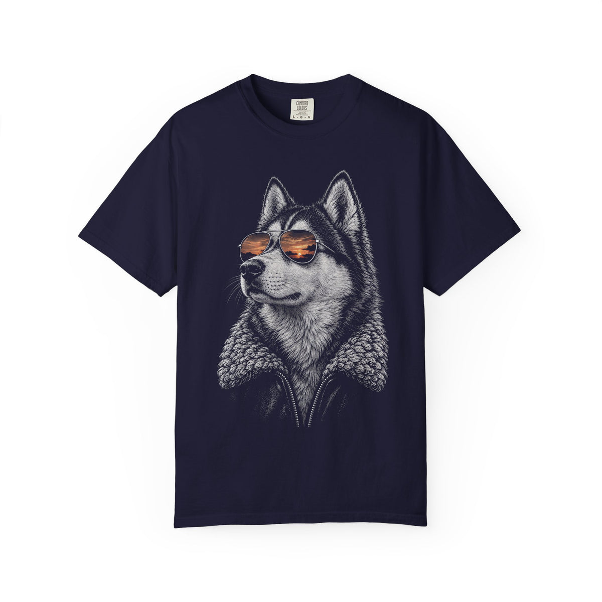 Sunset Aviator Siberian Husky T-Shirt in True Navy from When Dogs Fly