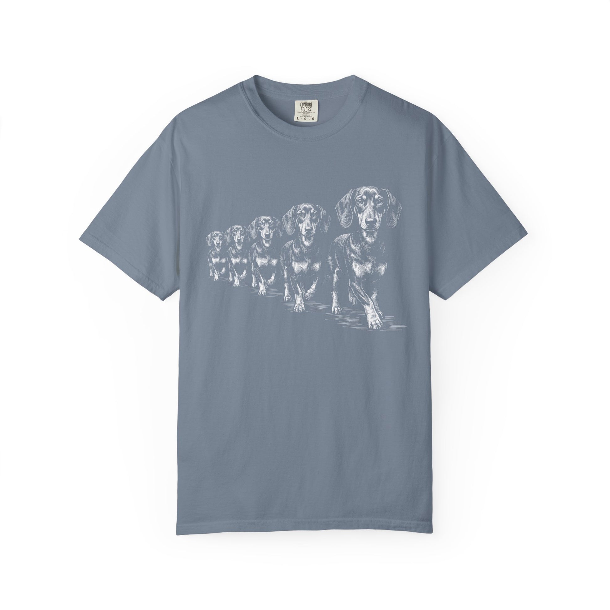 Marching Dachshunds T-Shirt in Blue Jean from When Dogs Fly