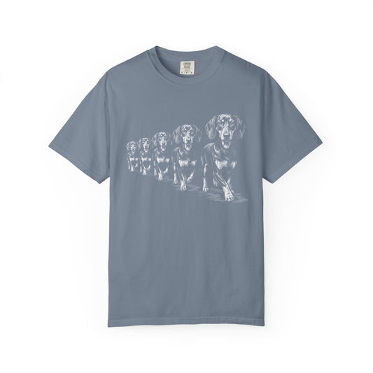 Marching Dachshunds T-Shirt in Blue Jean from When Dogs Fly