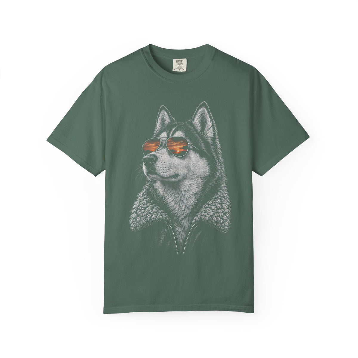 Sunset Aviator Siberian Husky T-Shirt in Blue Spruce from When Dogs Fly