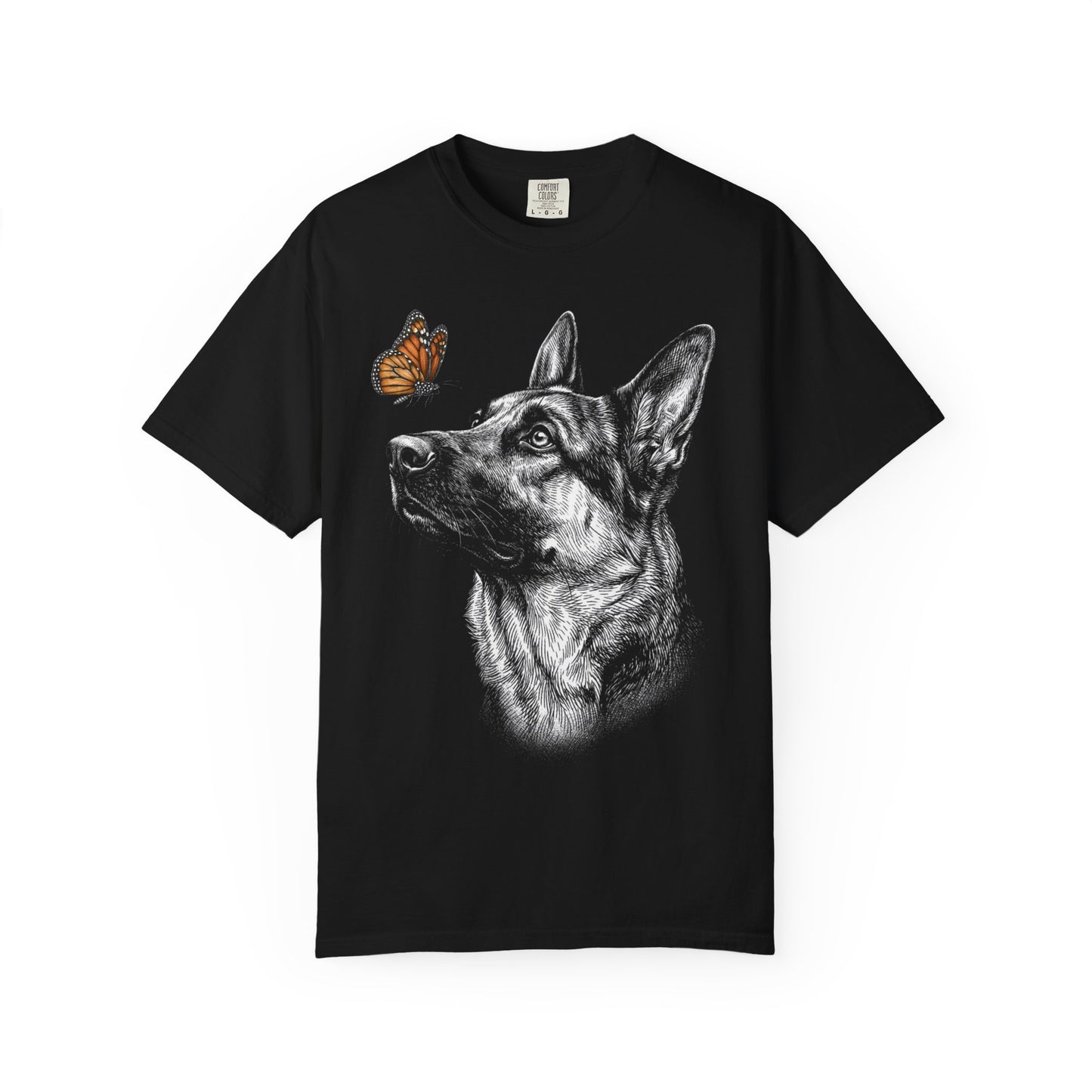Hello Butterfly German Shepherd T-Shirt in Black from When Dogs Fly
