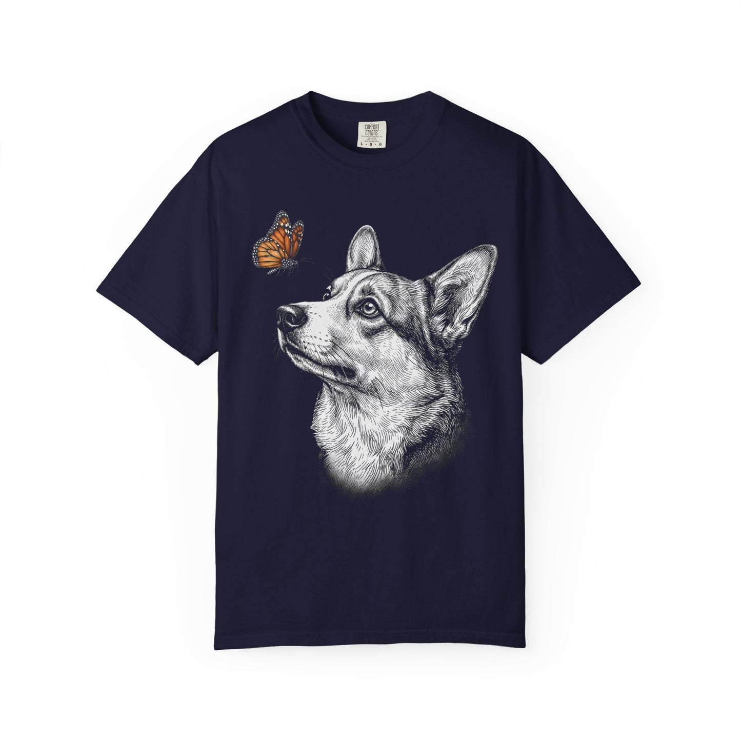 Hello Butterfly Corgi T-Shirt in True Navy from When Dogs Fly