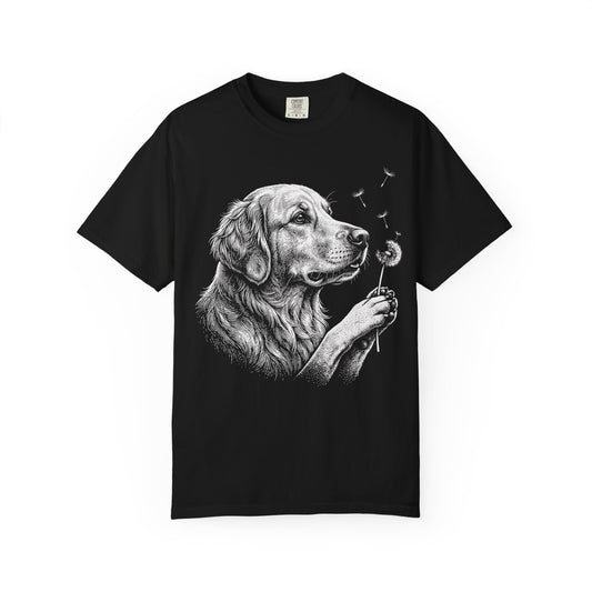 Golden Retriever Dandelion Seeds T-Shirt in Black from When Dogs Fly