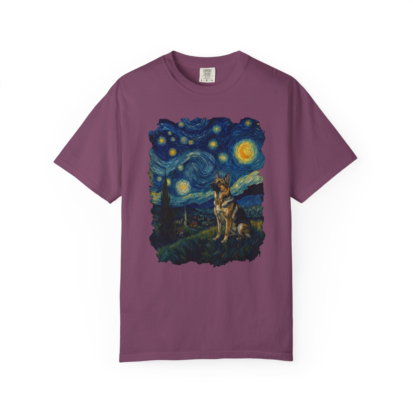 Starry Night German Shepherd T-Shirt in Berry from When Dogs Fly