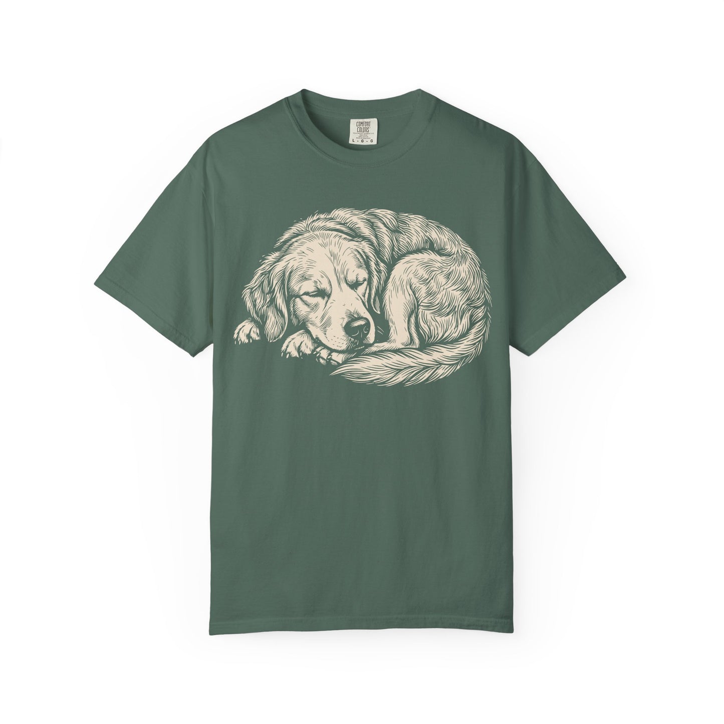 Cozy Nap Time Golden Retriever T-Shirt in Blue Spruce from When Dogs Fly