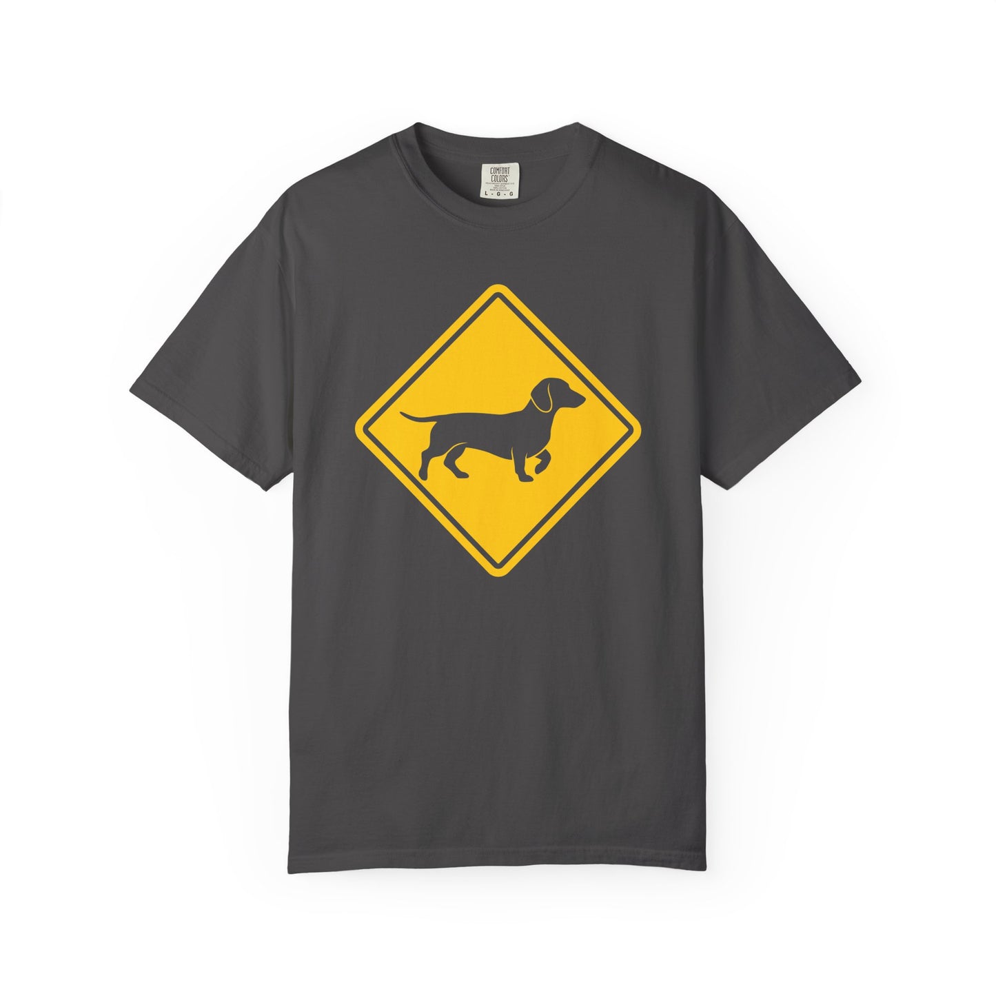 Dachshund Dog Crossing T-Shirt in Graphite from When Dogs Fly