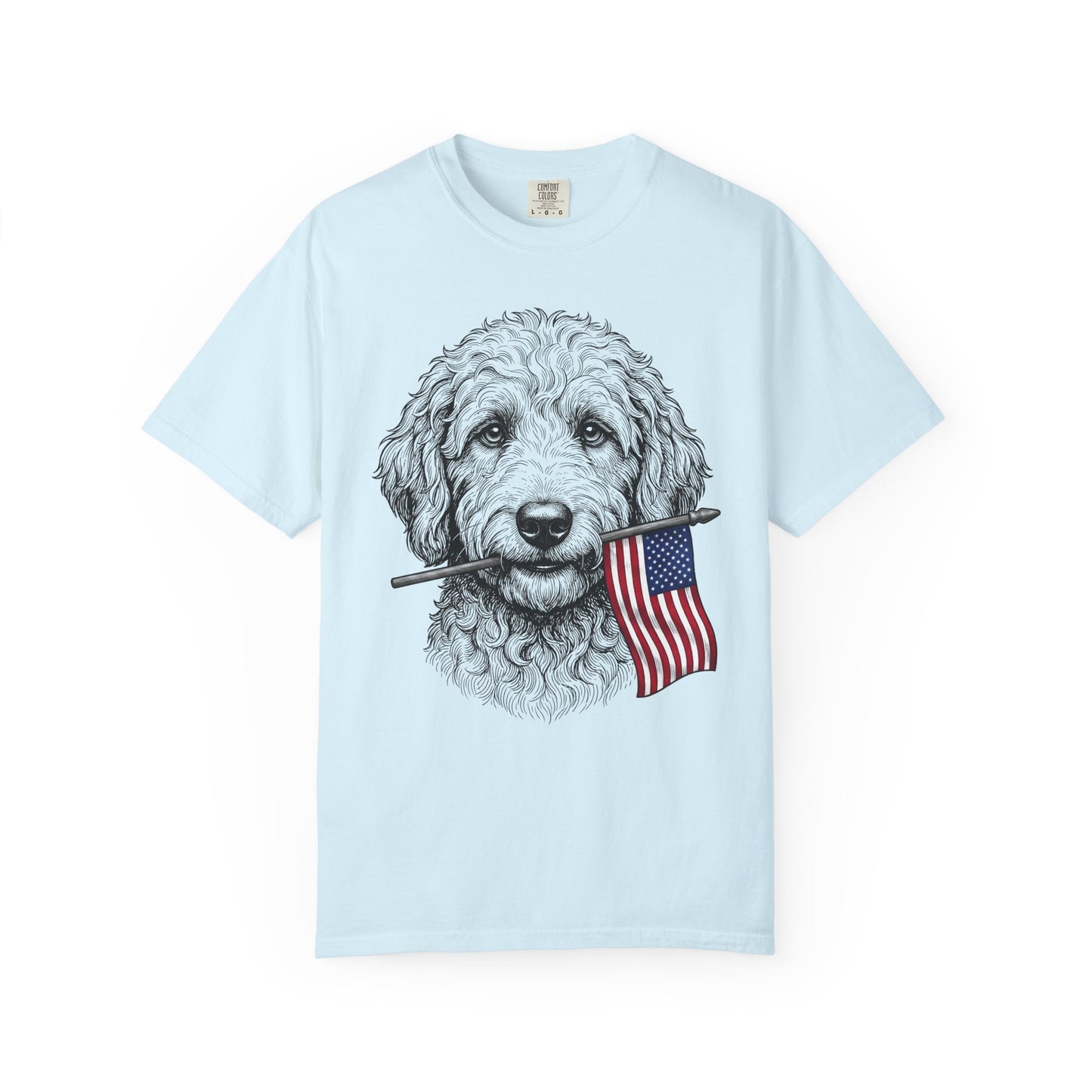 Red, White & Labradoodle American Flag T-Shirt in Chambray from When Dogs Fly