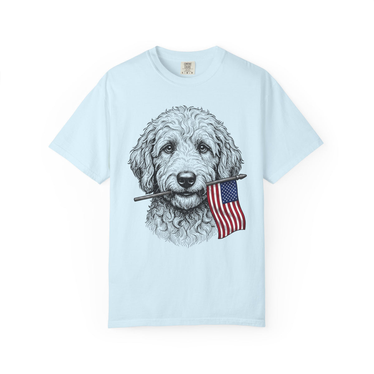 Red, White & Labradoodle American Flag T-Shirt in Chambray from When Dogs Fly