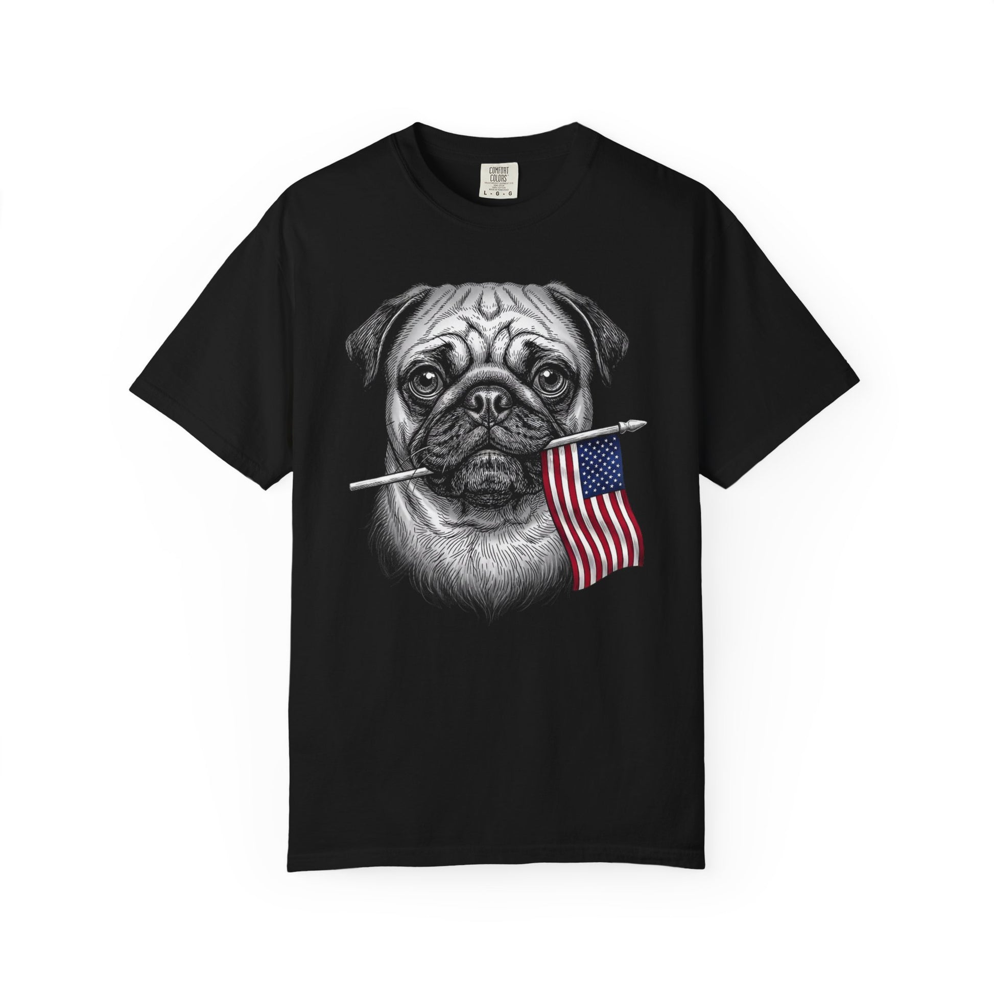 Red, White & Pug American Flag T-Shirt in Black from When Dogs Fly