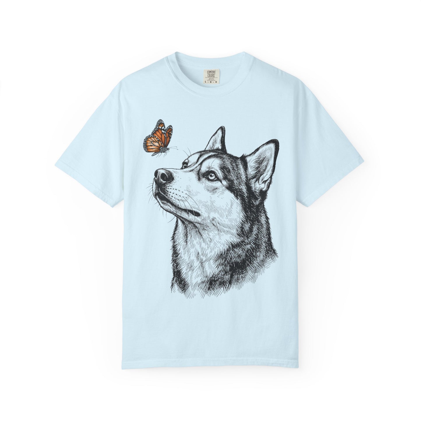 Hello Butterfly Siberian Husky T-Shirt in Chambray from When Dogs Fly