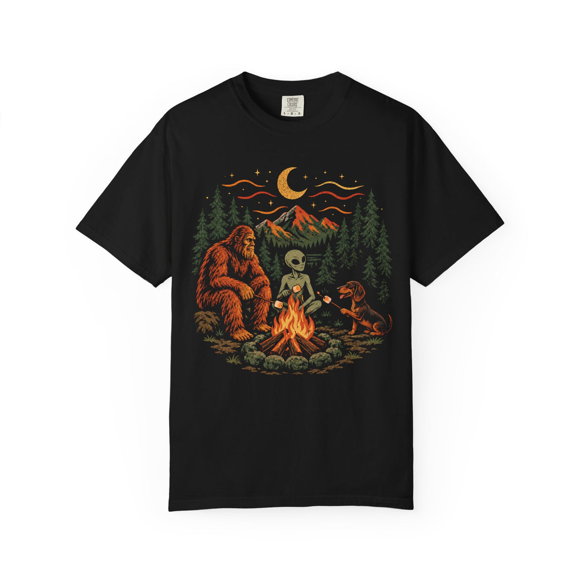 Campfire Believers Dachshund T-Shirt in Black from When Dogs Fly