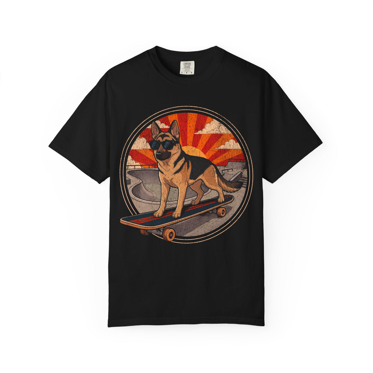 Stay Rad Skateboarding German Shepherd T-Shirt in Black from When Dogs Fly