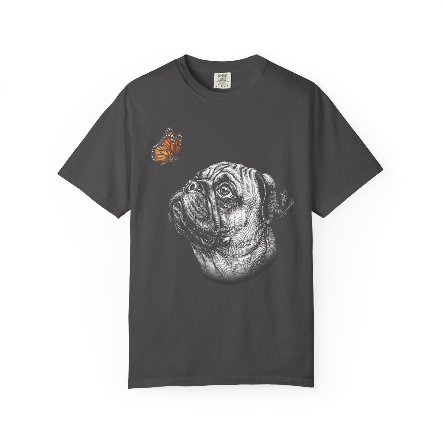 Hello Butterfly Pug T-Shirt in Graphite from When Dogs Fly