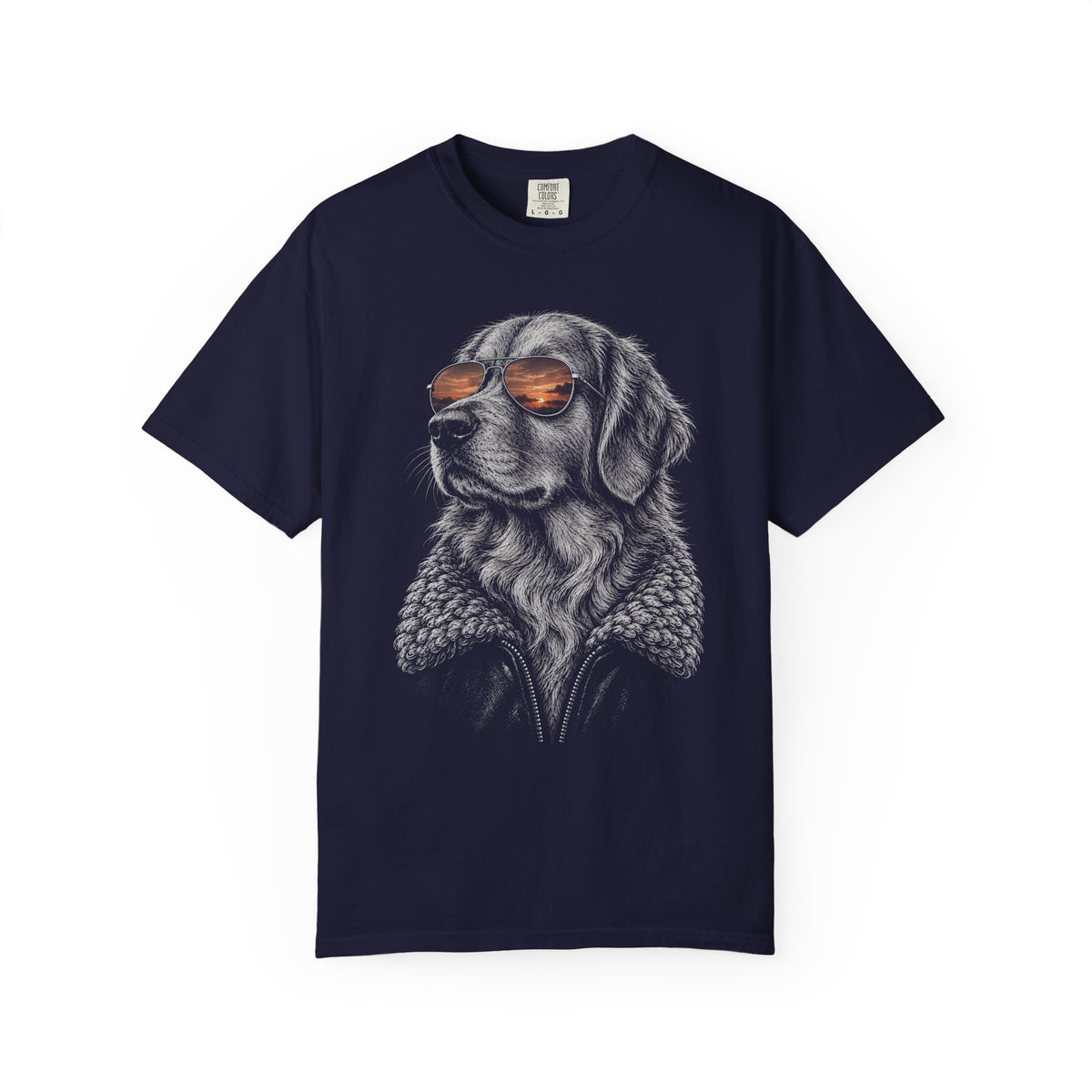 Sunset Aviator Golden Retriever T-Shirt in True Navy from When Dogs Fly