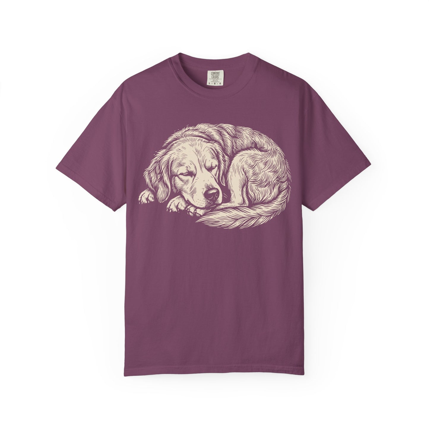 Cozy Nap Time Golden Retriever T-Shirt in Berry from When Dogs Fly
