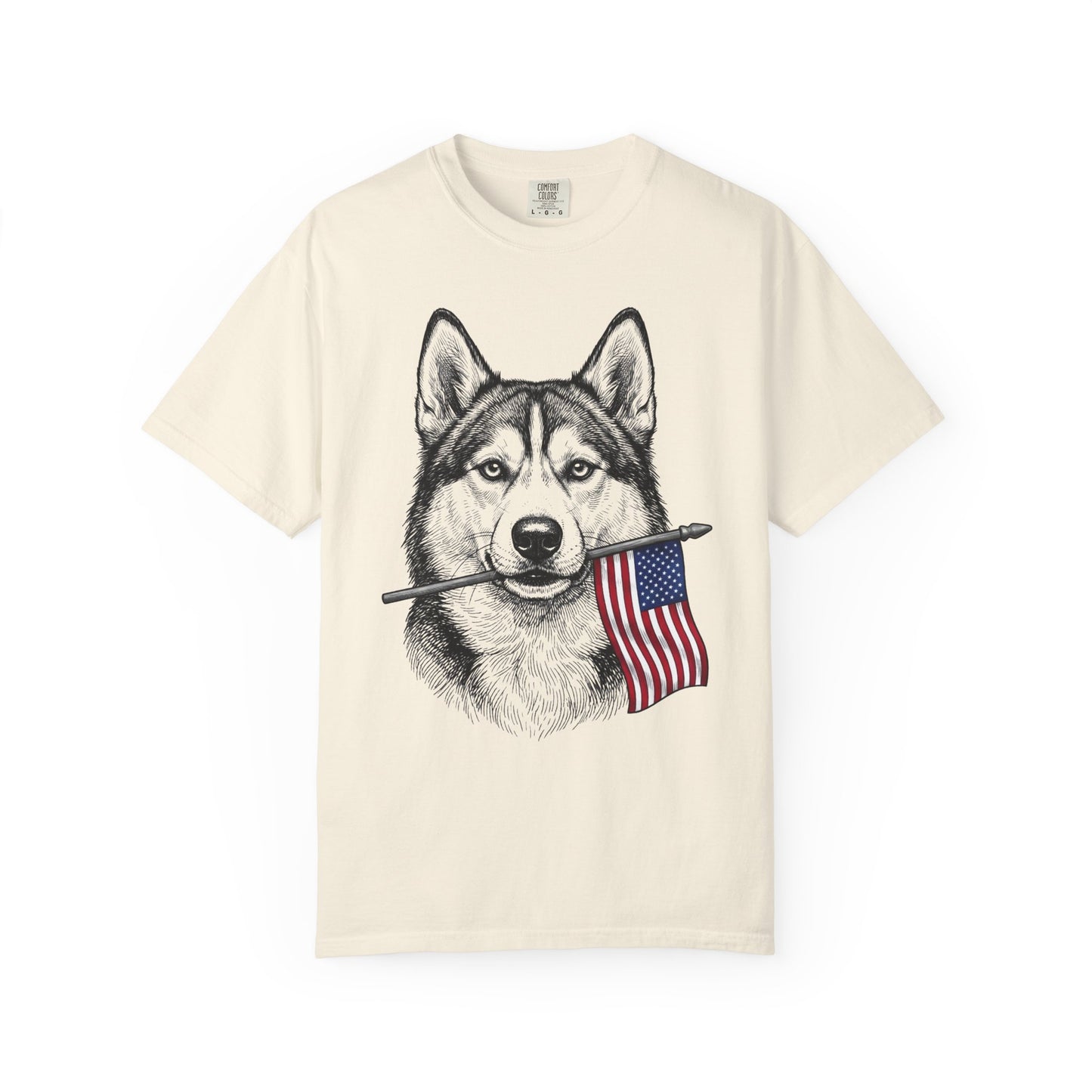 Red, White & Siberian Husky American Flag T-Shirt in Ivory from When Dogs Fly