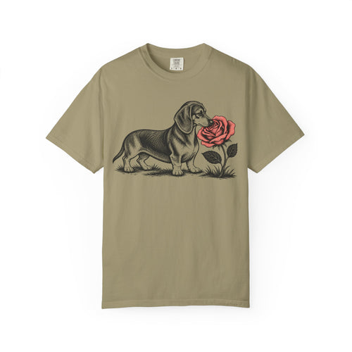 A Nose for Roses Dachshund T-Shirt in Khaki from When Dogs Fly