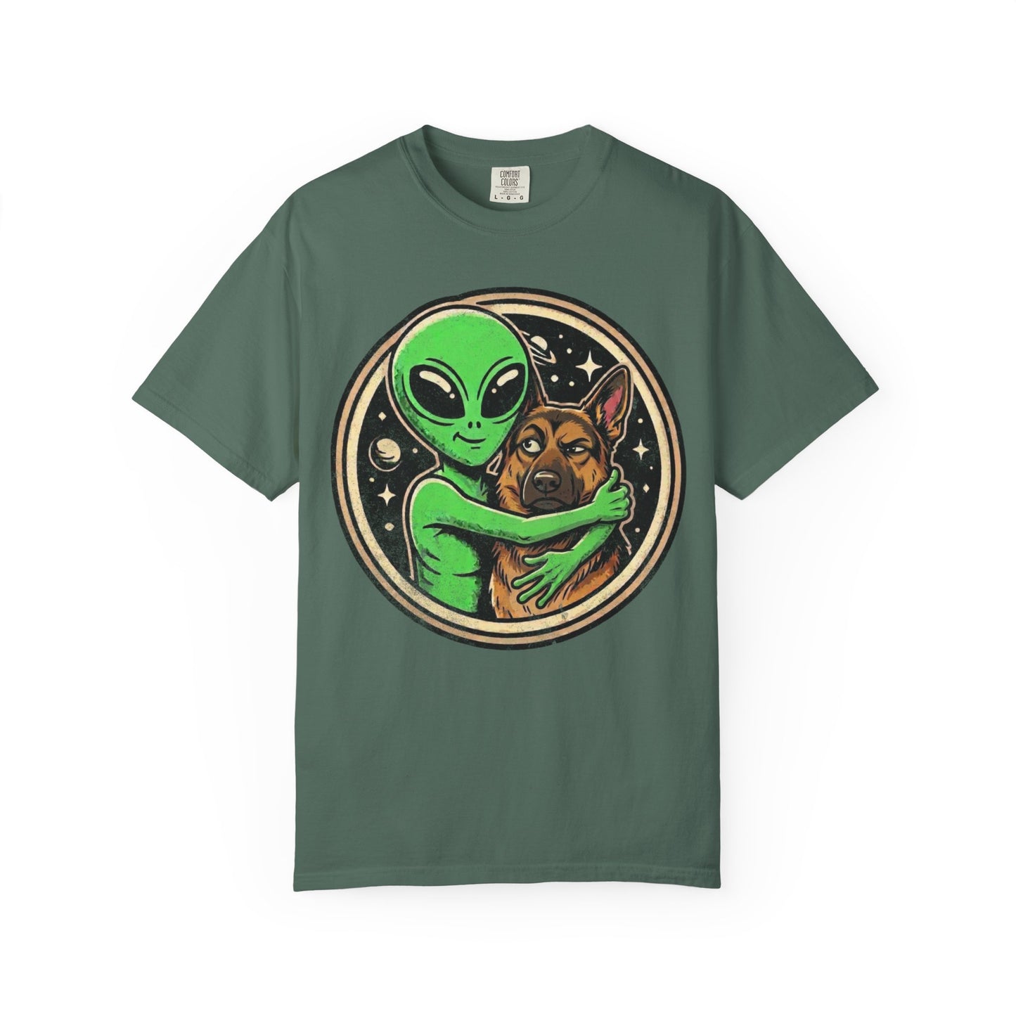 Every Alien Needs a German Shepherd T-Shirt in Blue Spruce from When Dogs Fly