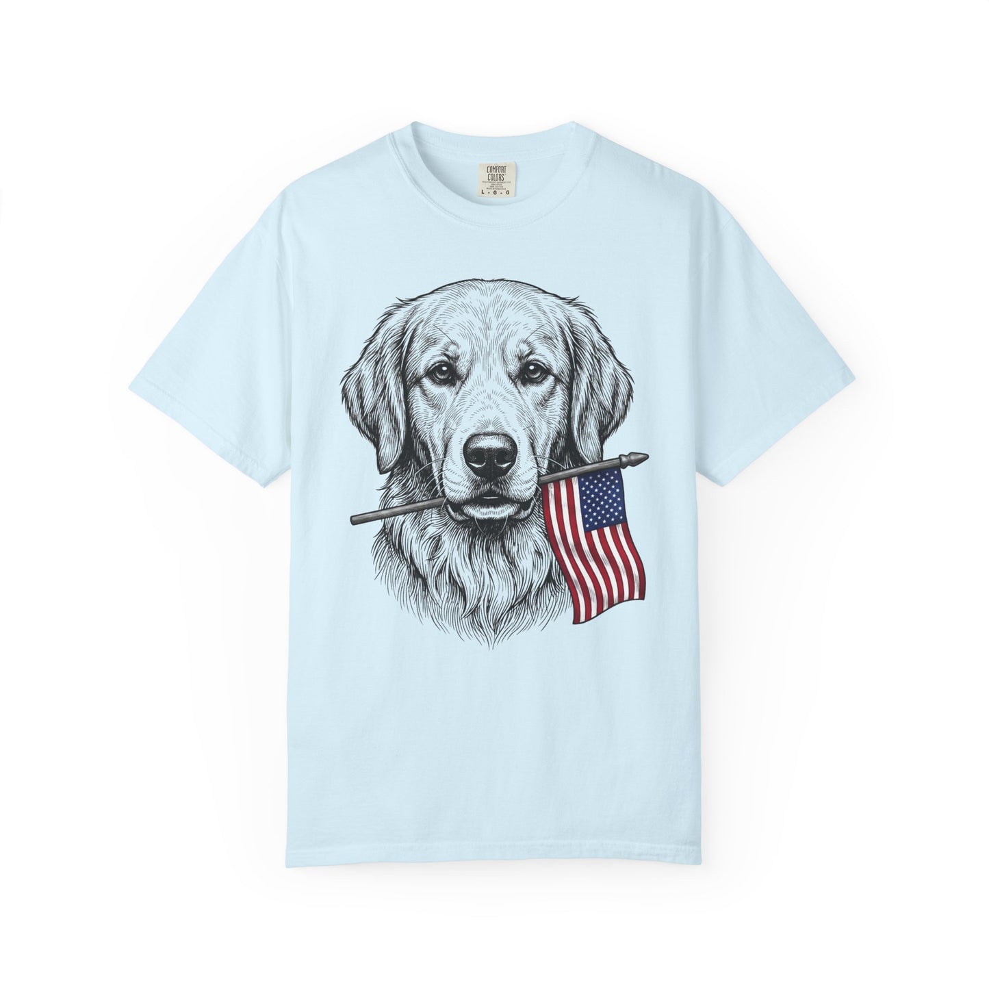 Red, White & Golden Retriever American Flag T-Shirt in Chambray from When Dogs Fly