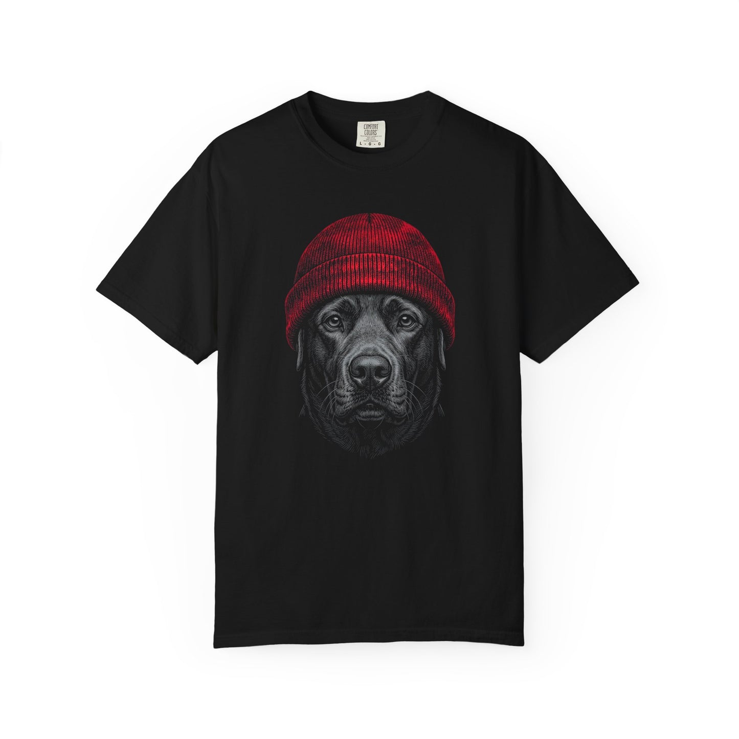 Red Beanie Labrador Retriever T-Shirt in Black from When Dogs Fly