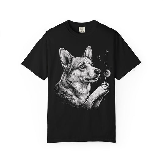 Corgi Dandelion Seeds T-Shirt in Black from When Dogs Fly