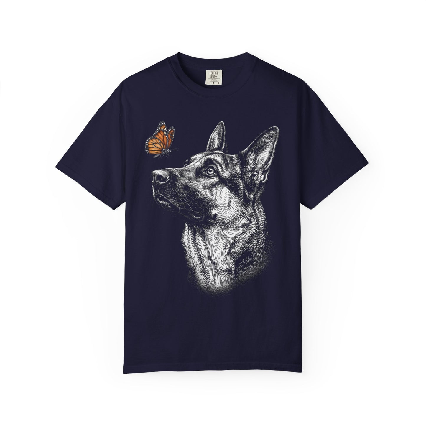 Hello Butterfly German Shepherd T-Shirt in True Navy from When Dogs Fly