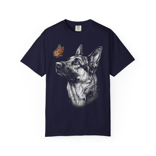 Hello Butterfly German Shepherd T-Shirt in True Navy from When Dogs Fly