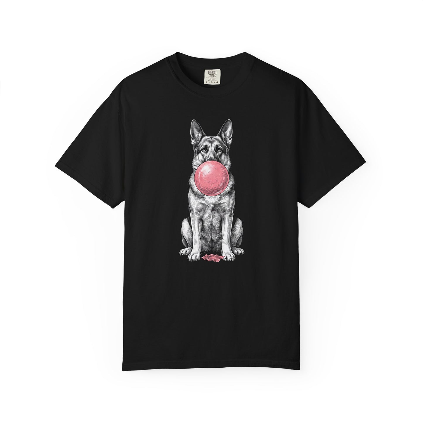 Bubblegum German Shepherd T-Shirt in Black from When Dogs Fly