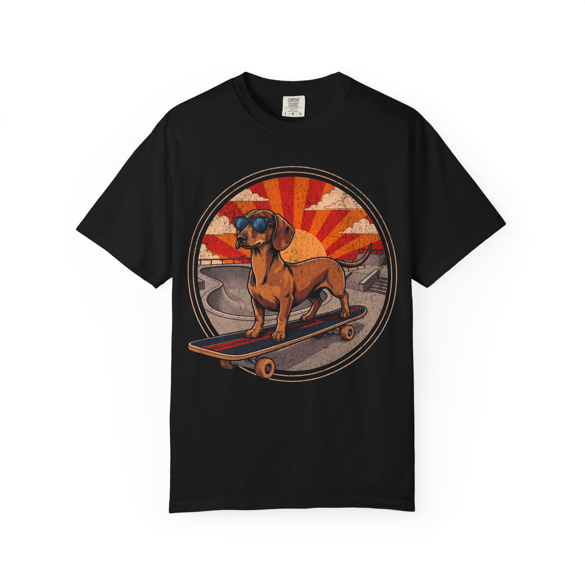 Stay Rad Skateboarding Dachshund T-Shirt in Black from When Dogs Fly
