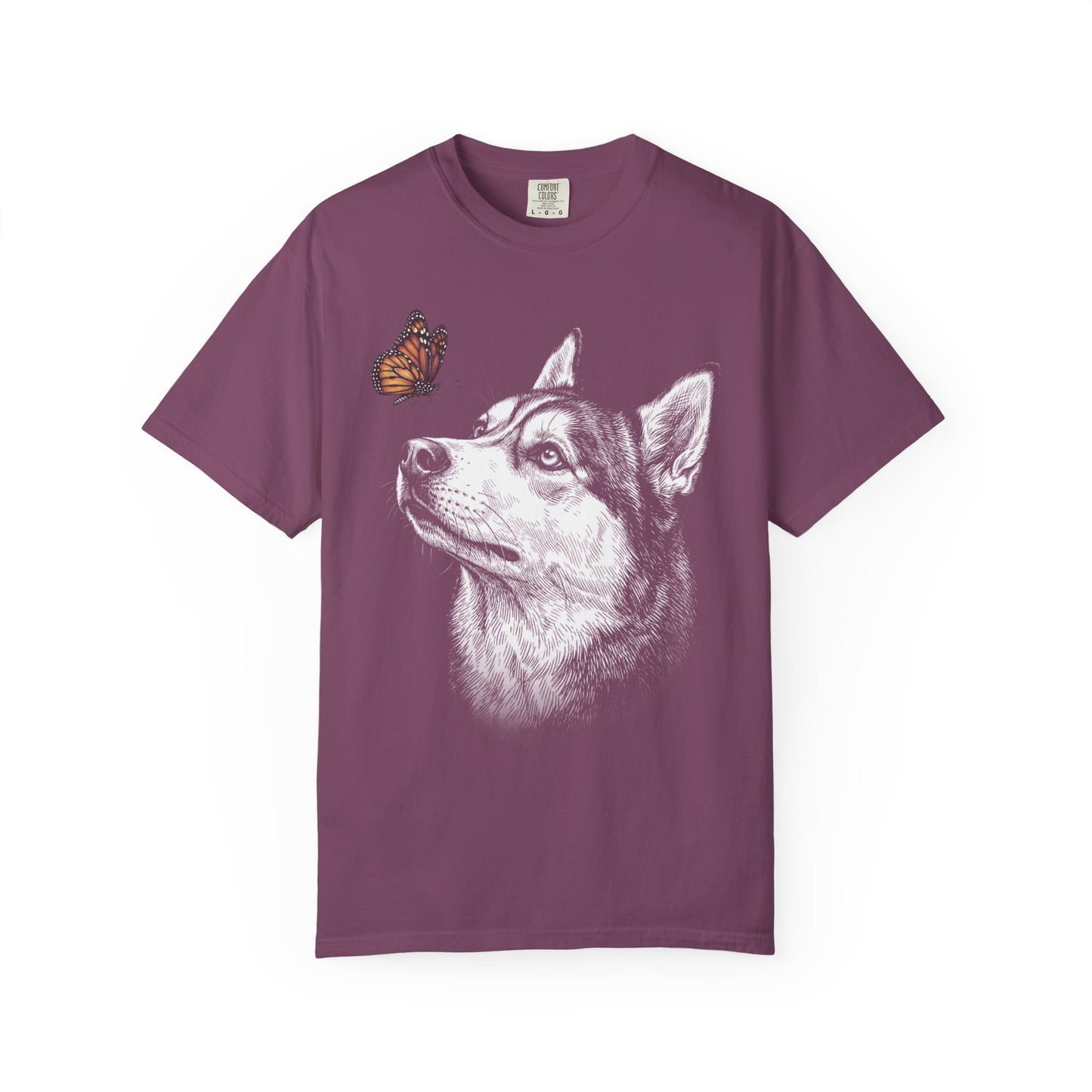 Hello Butterfly Siberian Husky T-Shirt in Berry from When Dogs Fly