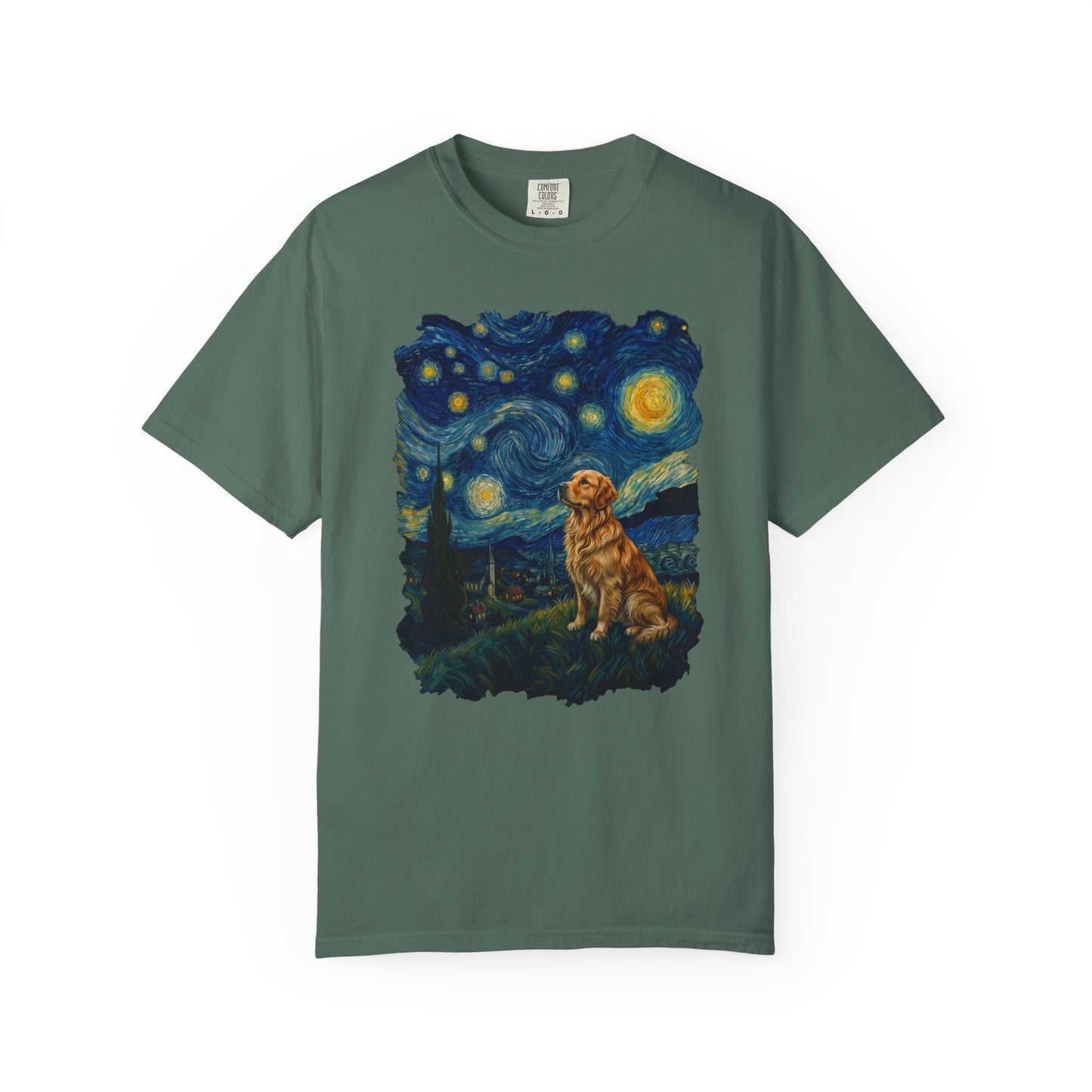 Starry Night Golden Retriever T-Shirt in Blue Spruce from When Dogs Fly