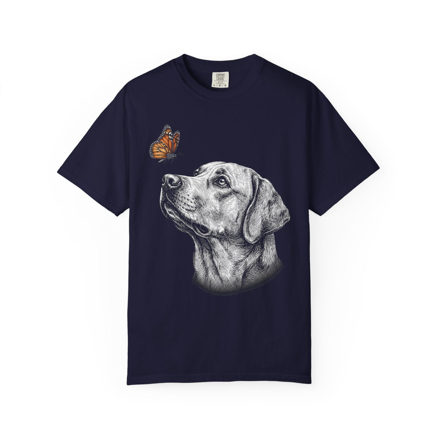 Hello Butterfly Labrador Retriever T-Shirt in True Navy from When Dogs Fly
