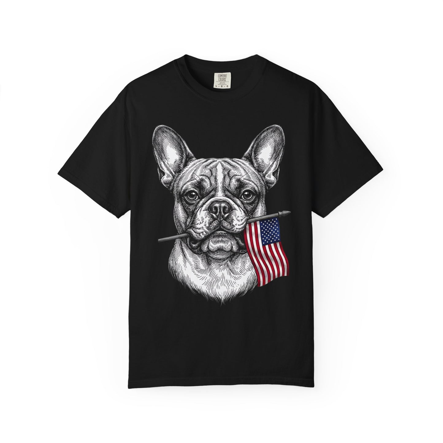 Red, White & French Bulldog American Flag T-Shirt in Black from When Dogs Fly