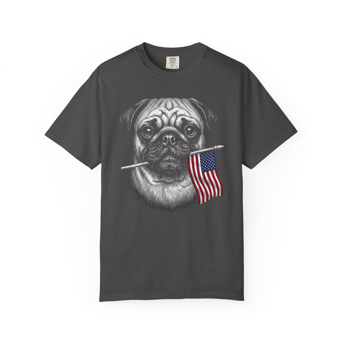 Red, White & Pug American Flag T-Shirt in Graphite from When Dogs Fly