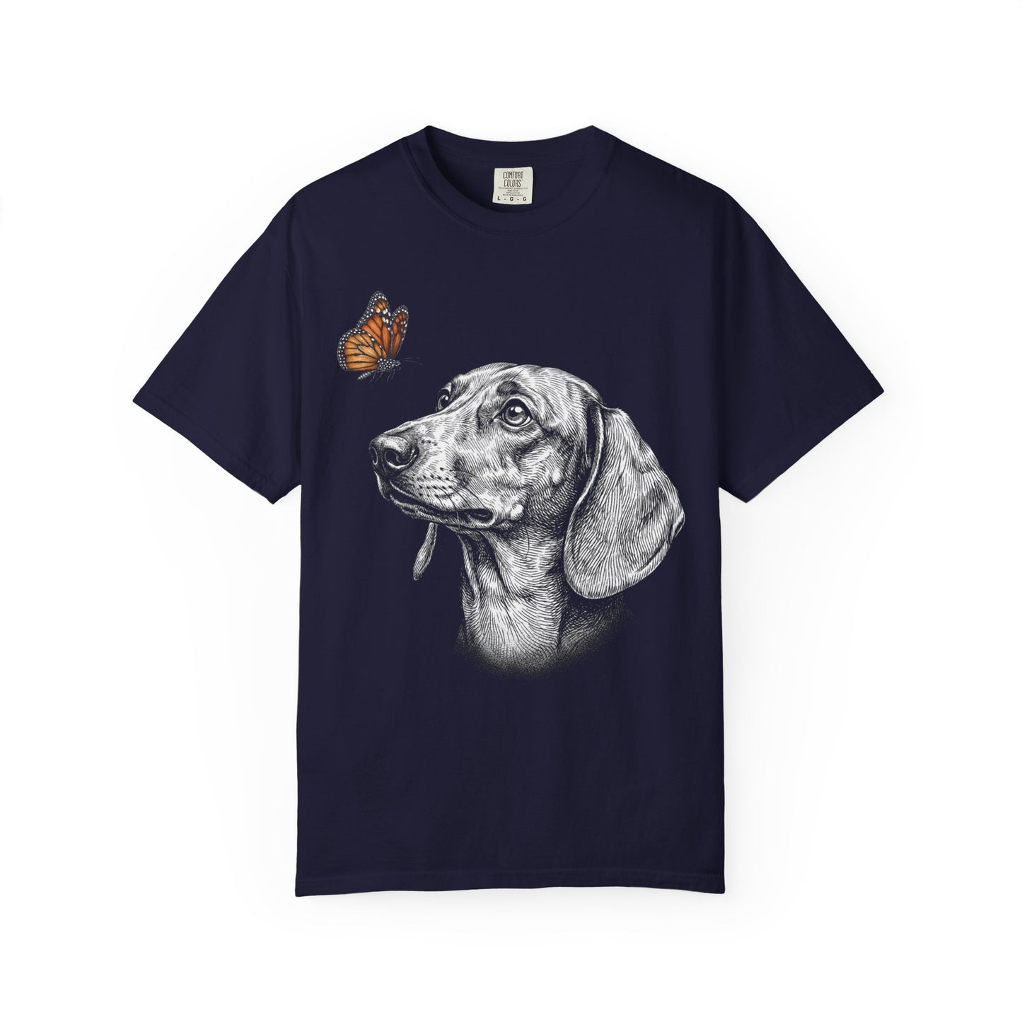 Hello Butterfly Dachshund T-Shirt in True Navy from When Dogs Fly