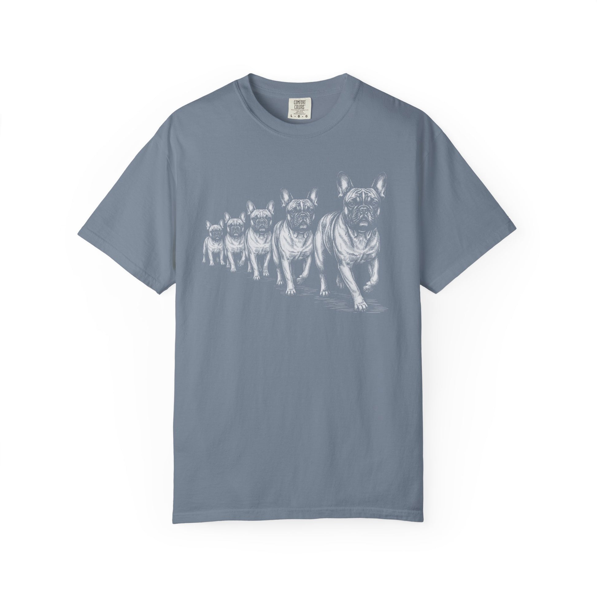 Marching French Bulldogs T-Shirt in Blue Jean from When Dogs Fly